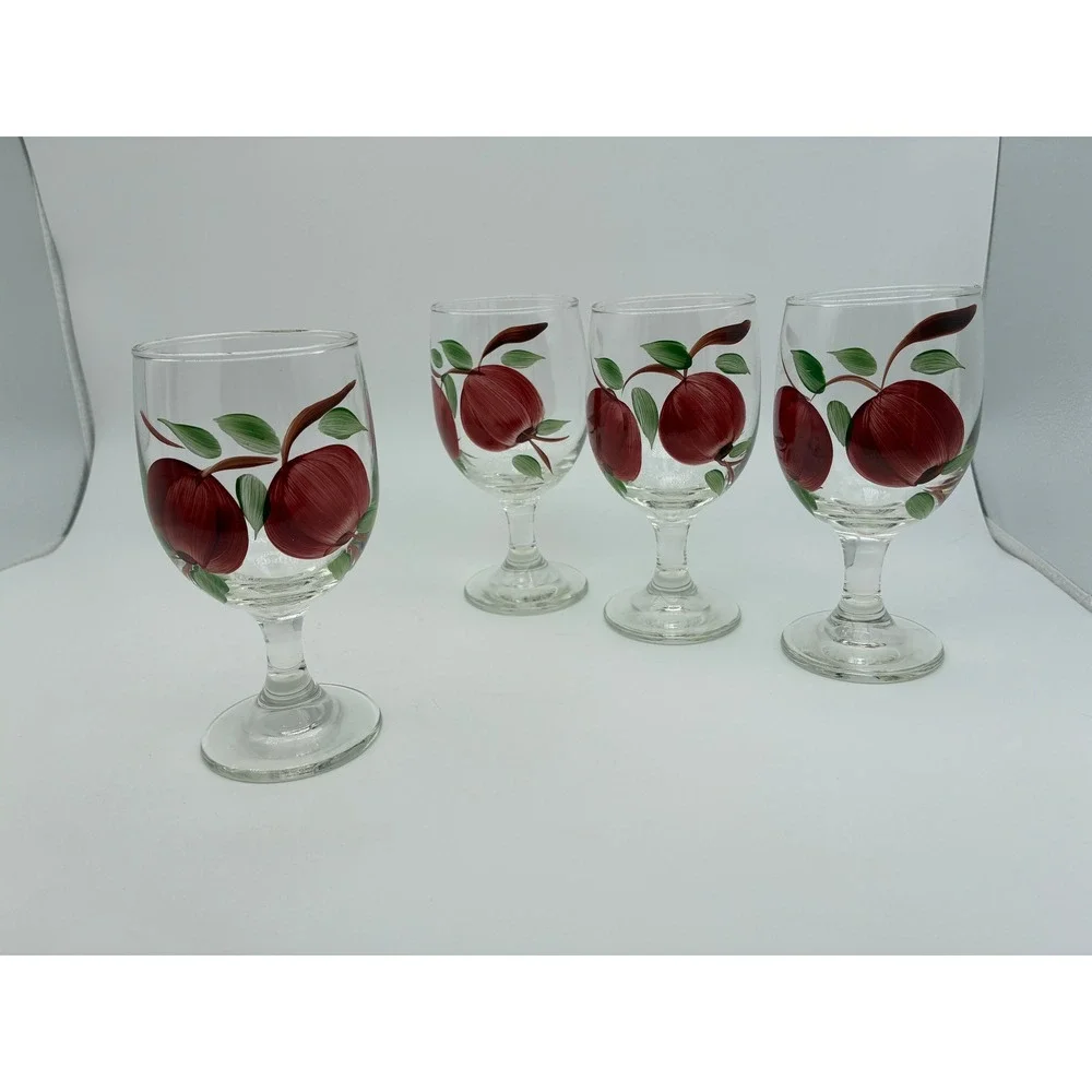 Vintage Hand Painted Apple Wine Glasses Set of 4 Red Fruit Motif Goblets